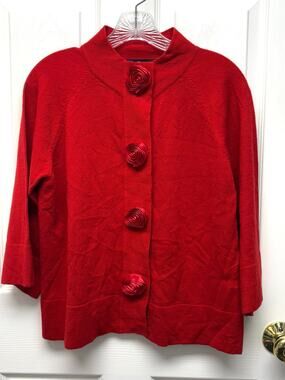 Red Sweater Cardigan Rosette Accents Sharagano Studio Acrylic Women’s Size M